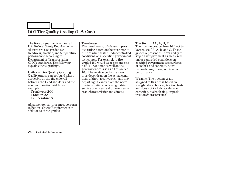 Dot tire quality grading (u.s. cars) | Acura 2004 TL - Owner's Manual User Manual | Page 261 / 283