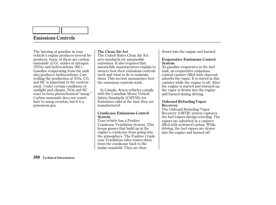 Emissions controls | Acura 2004 TL - Owner's Manual User Manual | Page 263 / 283