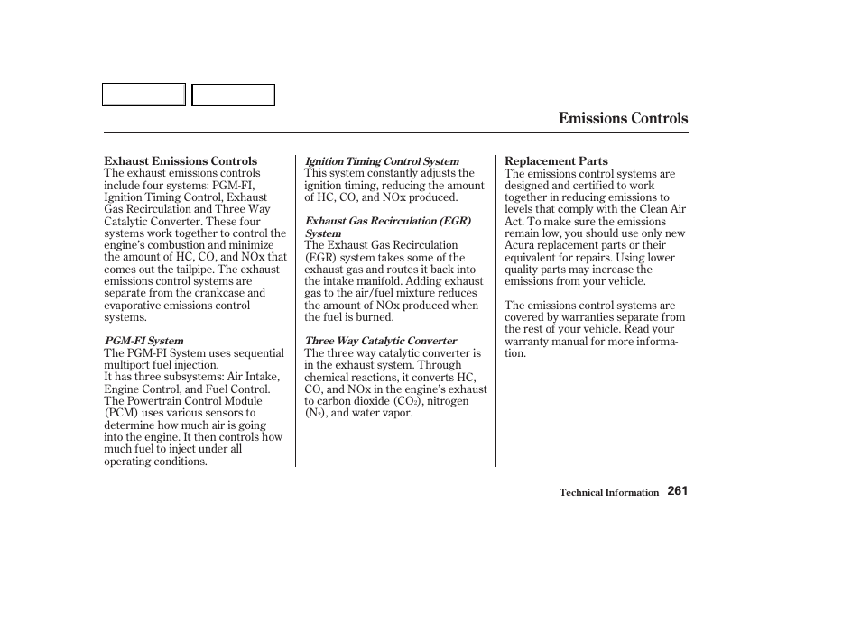 Emissions controls | Acura 2004 TL - Owner's Manual User Manual | Page 264 / 283