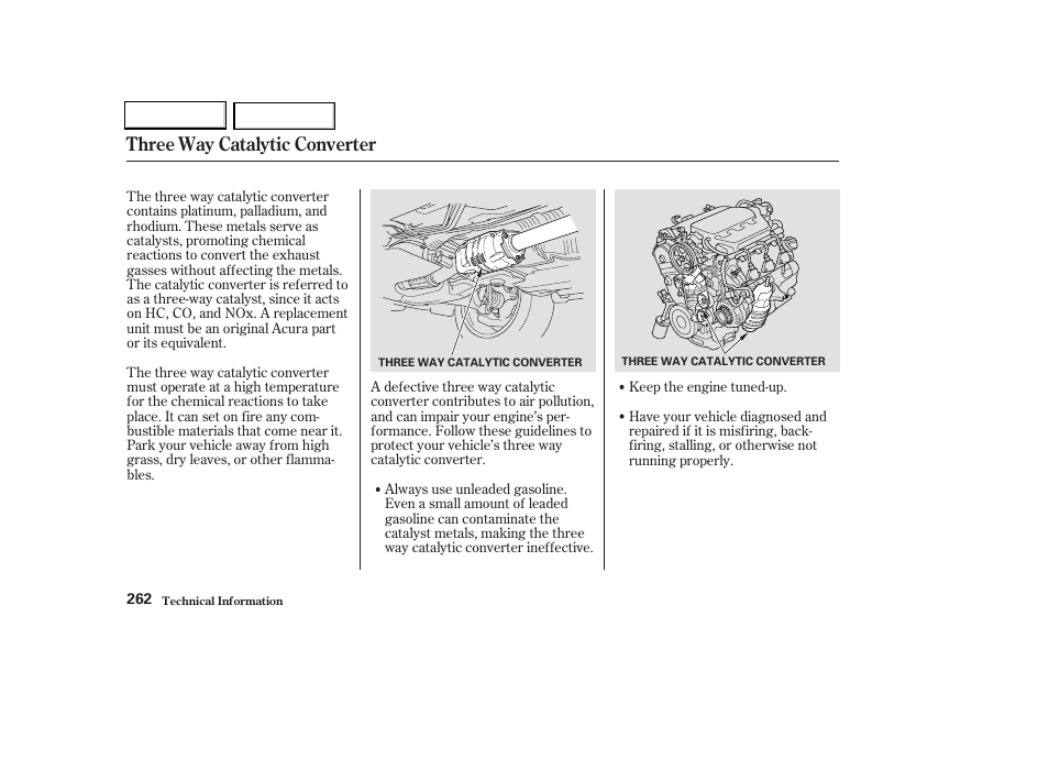 Three way catalytic converter | Acura 2004 TL - Owner's Manual User Manual | Page 265 / 283