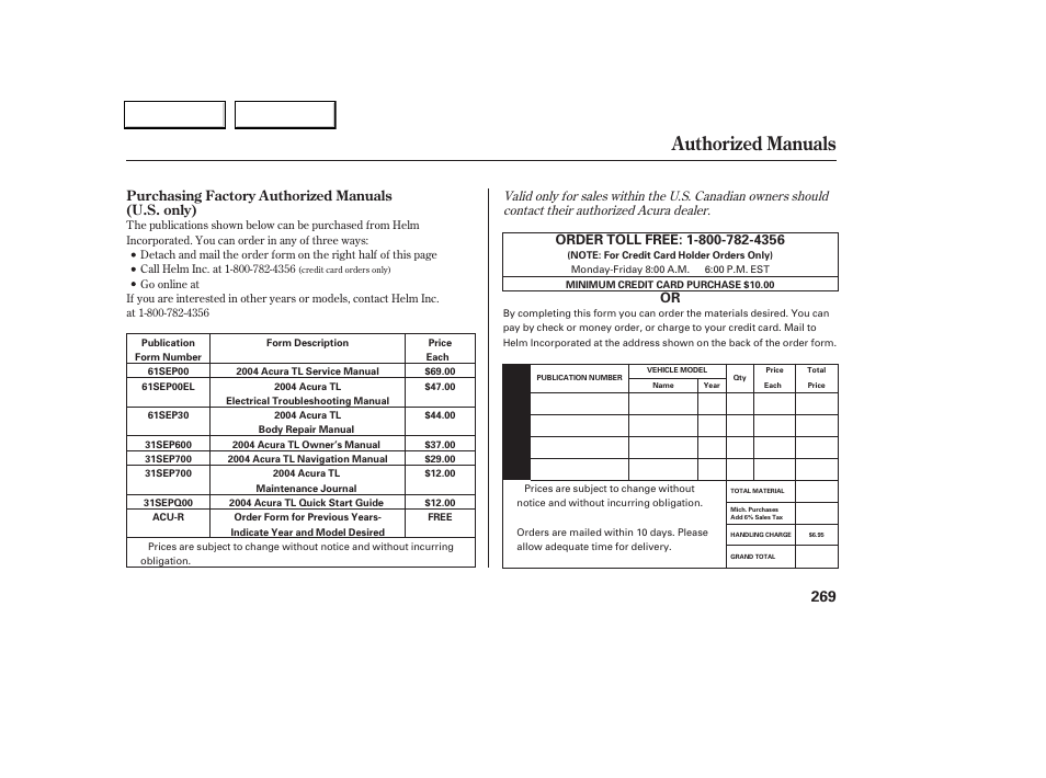 Authorized manuals | Acura 2004 TL - Owner's Manual User Manual | Page 272 / 283