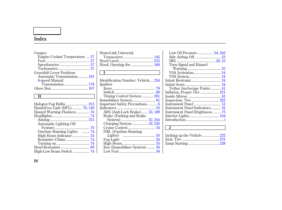 Index | Acura 2004 TL - Owner's Manual User Manual | Page 277 / 283