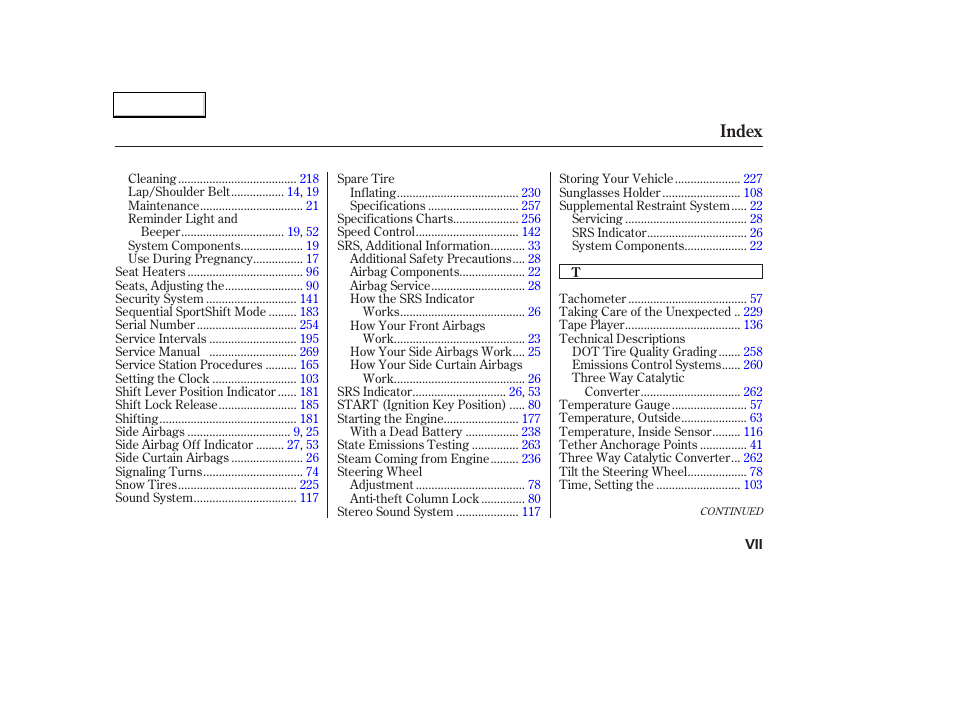 Index | Acura 2004 TL - Owner's Manual User Manual | Page 280 / 283