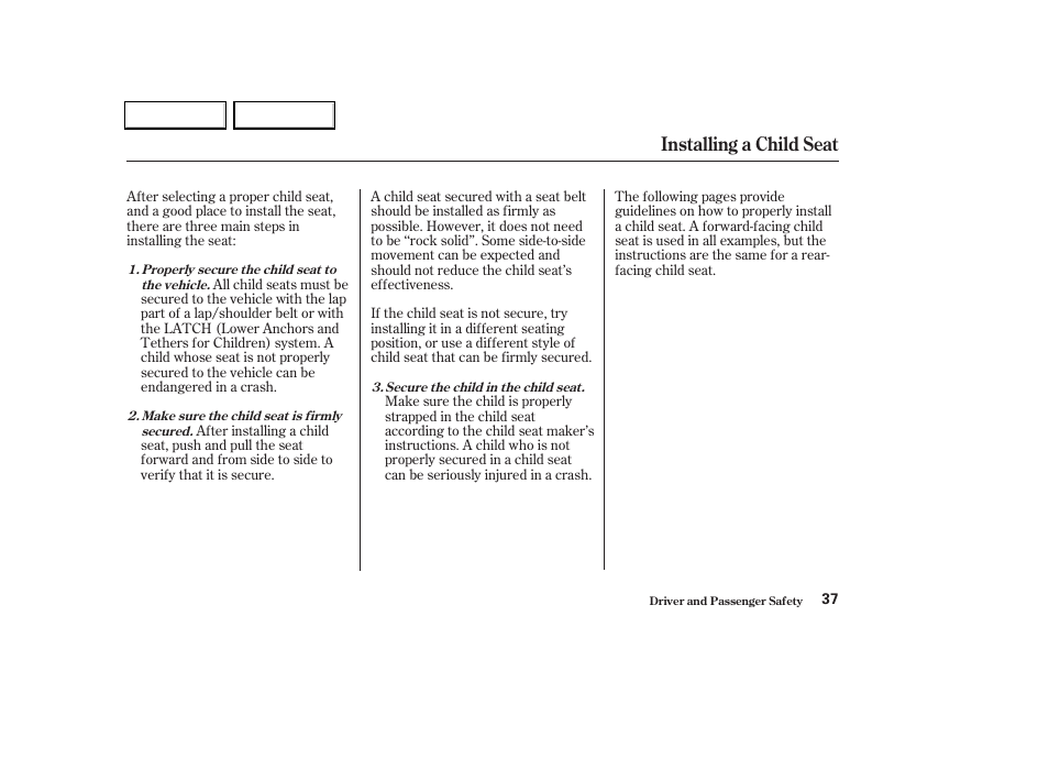 Installing a child seat | Acura 2004 TL - Owner's Manual User Manual | Page 40 / 283