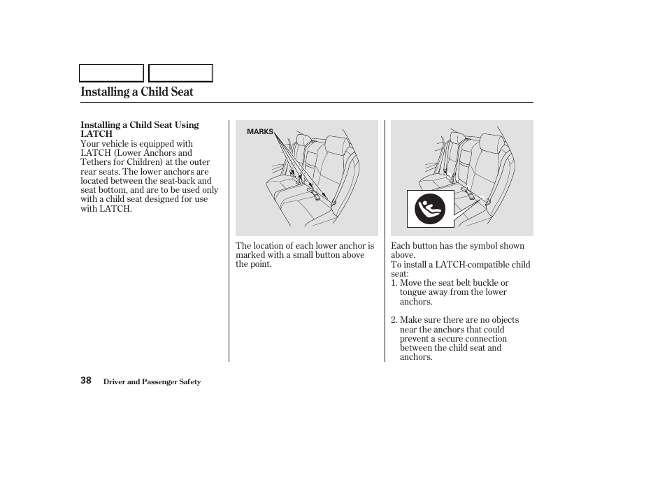 Installing a child seat | Acura 2004 TL - Owner's Manual User Manual | Page 41 / 283