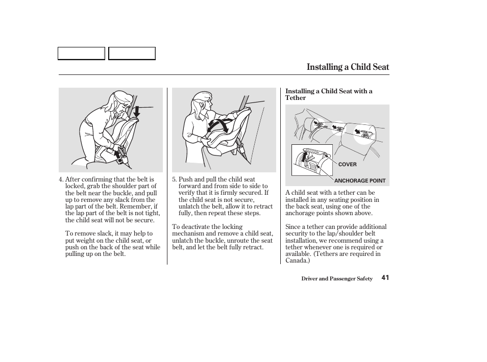 Installing a child seat | Acura 2004 TL - Owner's Manual User Manual | Page 44 / 283