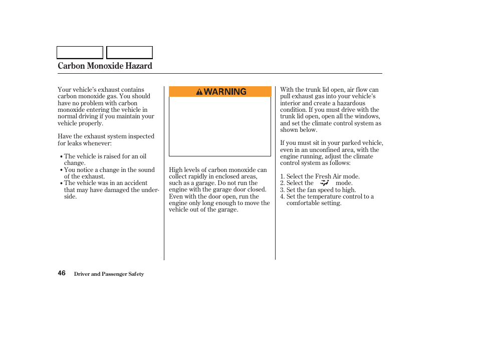 Carbon monoxide hazard | Acura 2004 TL - Owner's Manual User Manual | Page 49 / 283