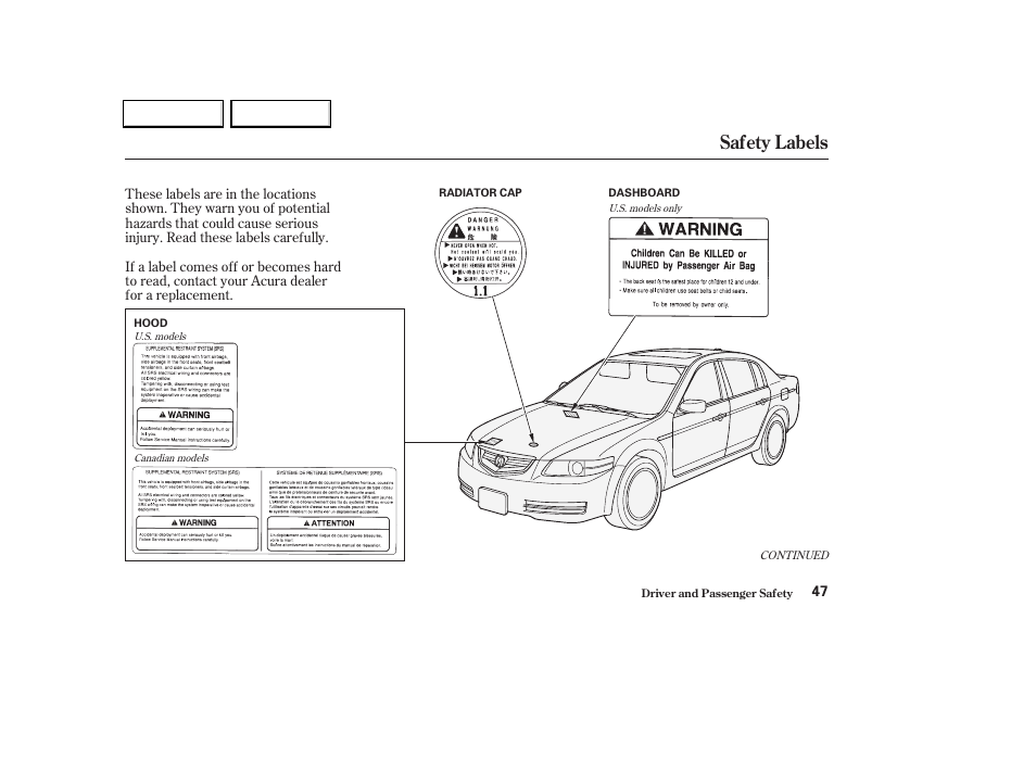 Safety labels | Acura 2004 TL - Owner's Manual User Manual | Page 50 / 283