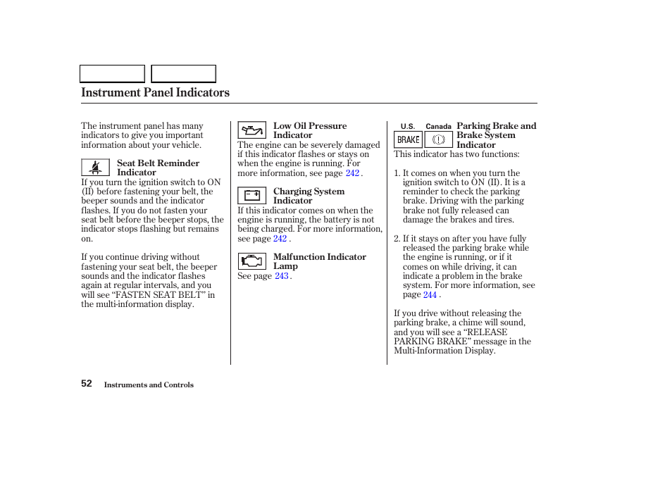 Instrument panel indicators | Acura 2004 TL - Owner's Manual User Manual | Page 55 / 283