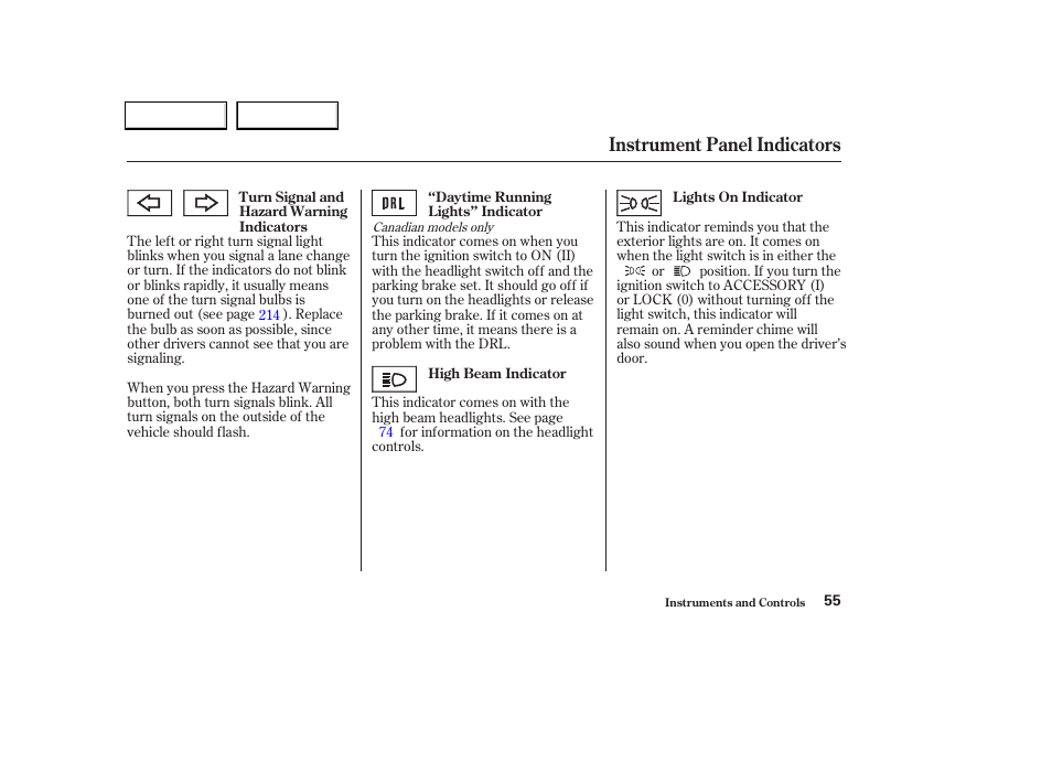Instrument panel indicators | Acura 2004 TL - Owner's Manual User Manual | Page 58 / 283