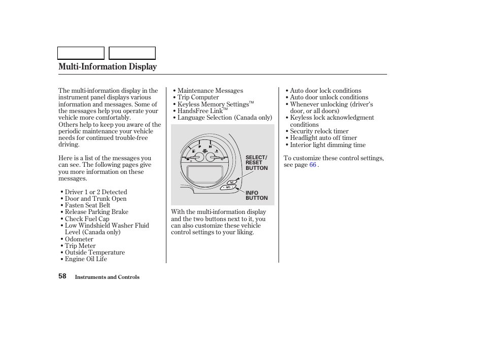 Multi-information display | Acura 2004 TL - Owner's Manual User Manual | Page 61 / 283