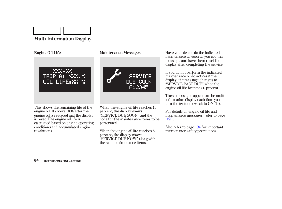 Multi-information display | Acura 2004 TL - Owner's Manual User Manual | Page 67 / 283
