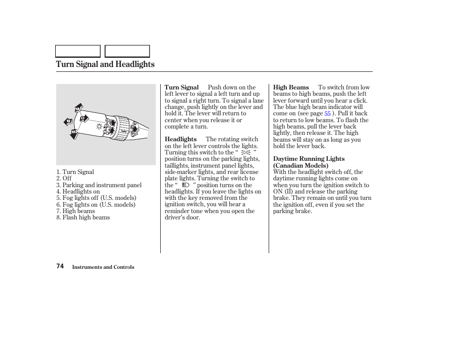 Turn signal and headlights | Acura 2004 TL - Owner's Manual User Manual | Page 77 / 283