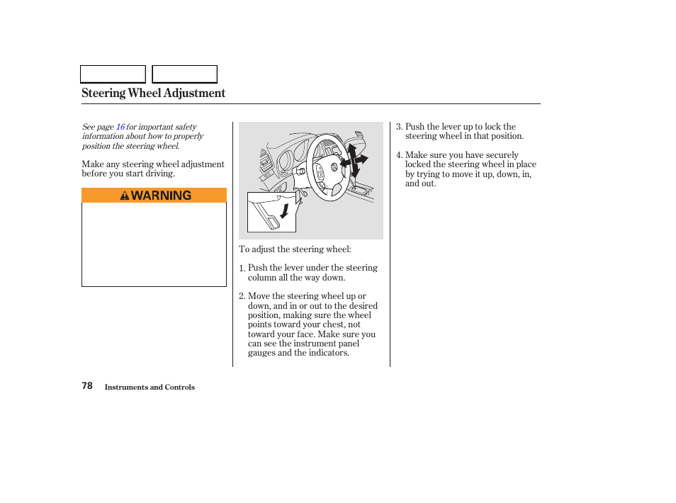 Steering wheel adjustment | Acura 2004 TL - Owner's Manual User Manual | Page 81 / 283