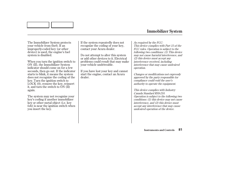 Immobilizer system | Acura 2004 TL - Owner's Manual User Manual | Page 84 / 283