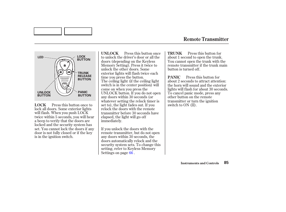 Remote transmitter | Acura 2004 TL - Owner's Manual User Manual | Page 88 / 283