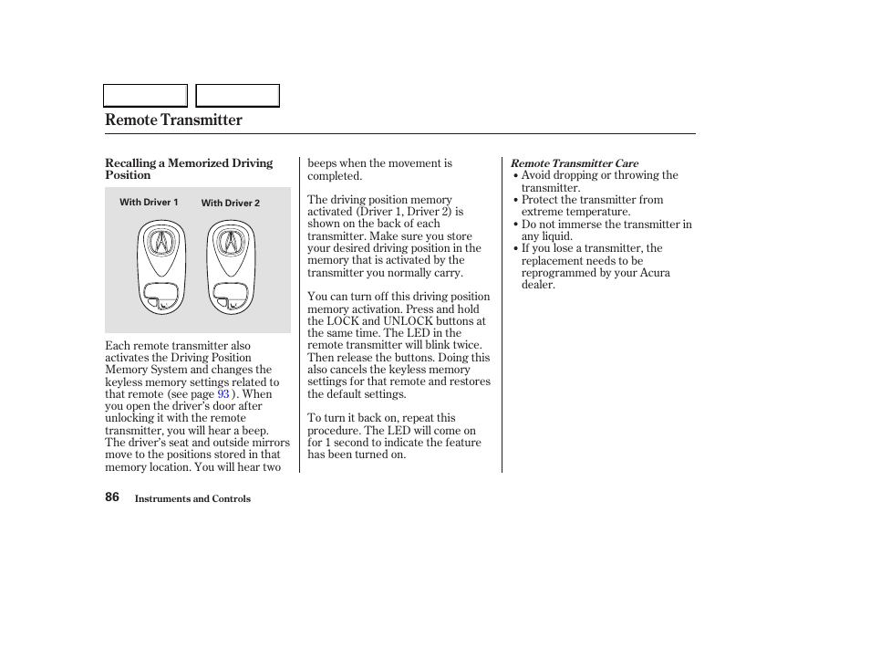 Remote transmitter | Acura 2004 TL - Owner's Manual User Manual | Page 89 / 283