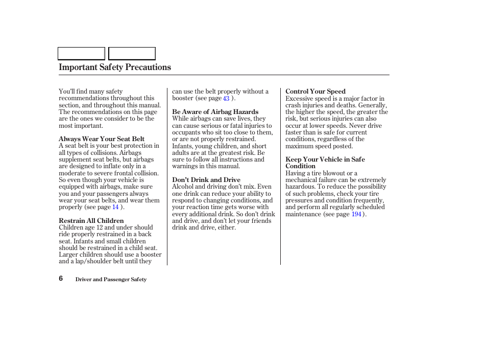 Important safety precautions | Acura 2004 TL - Owner's Manual User Manual | Page 9 / 283