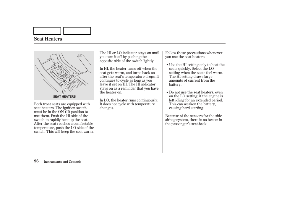 Seat heaters | Acura 2004 TL - Owner's Manual User Manual | Page 99 / 283