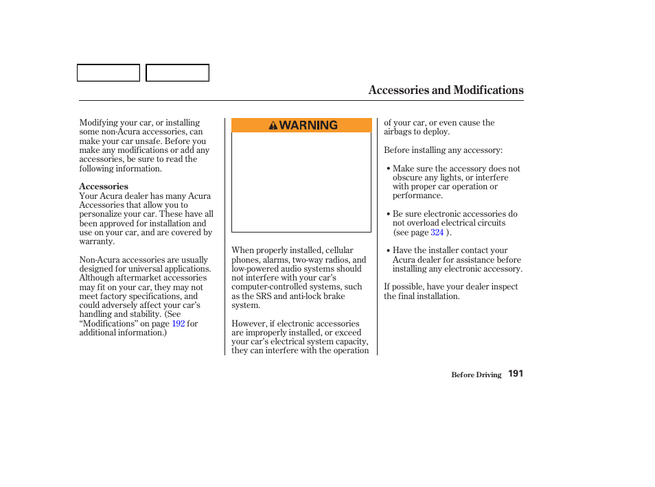 Accessories and modifications | Acura 2004 TSX - Owner's Manual User Manual | Page 194 / 364