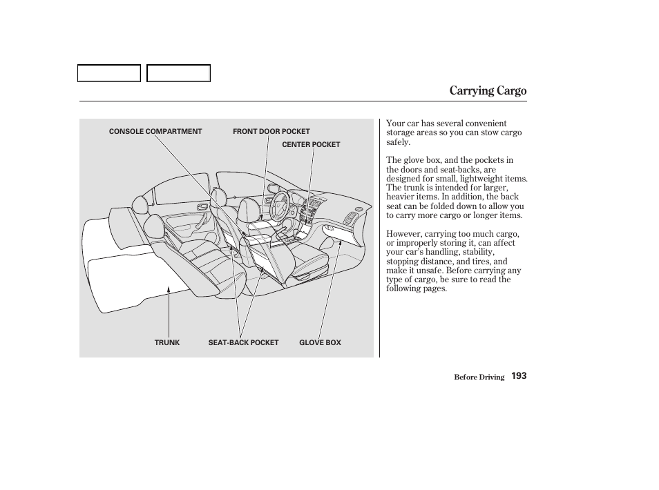 Carrying cargo | Acura 2004 TSX - Owner's Manual User Manual | Page 196 / 364