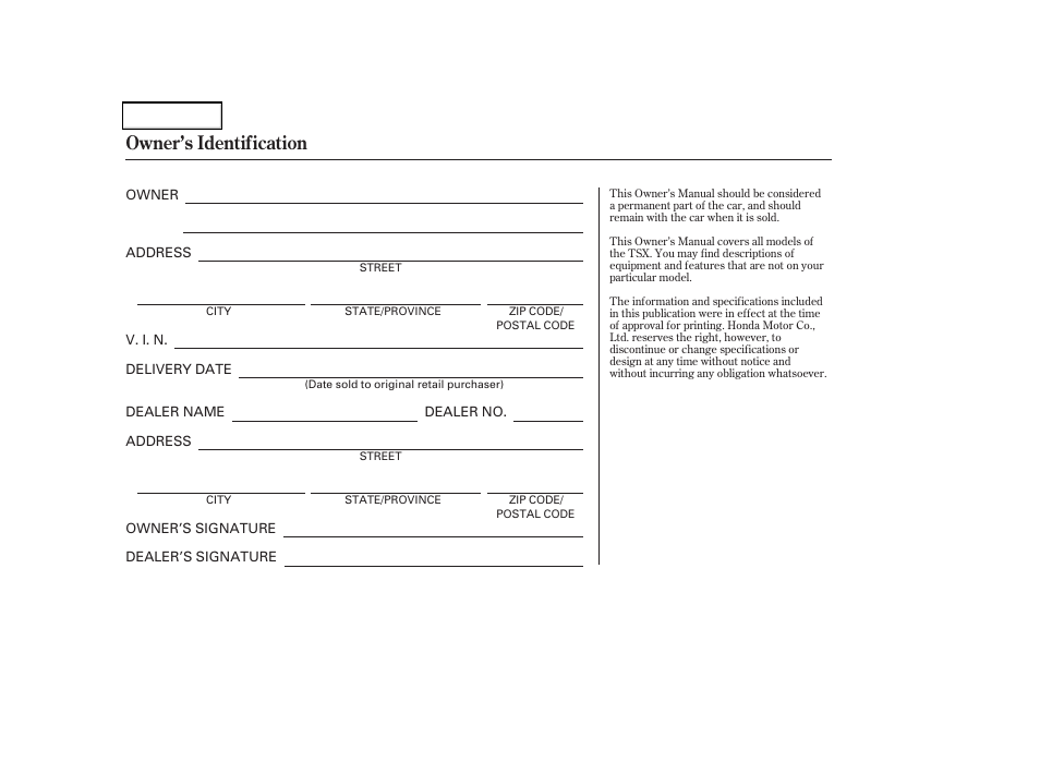 Owner's identification form, Owner’s identification | Acura 2004 TSX - Owner's Manual User Manual | Page 2 / 364