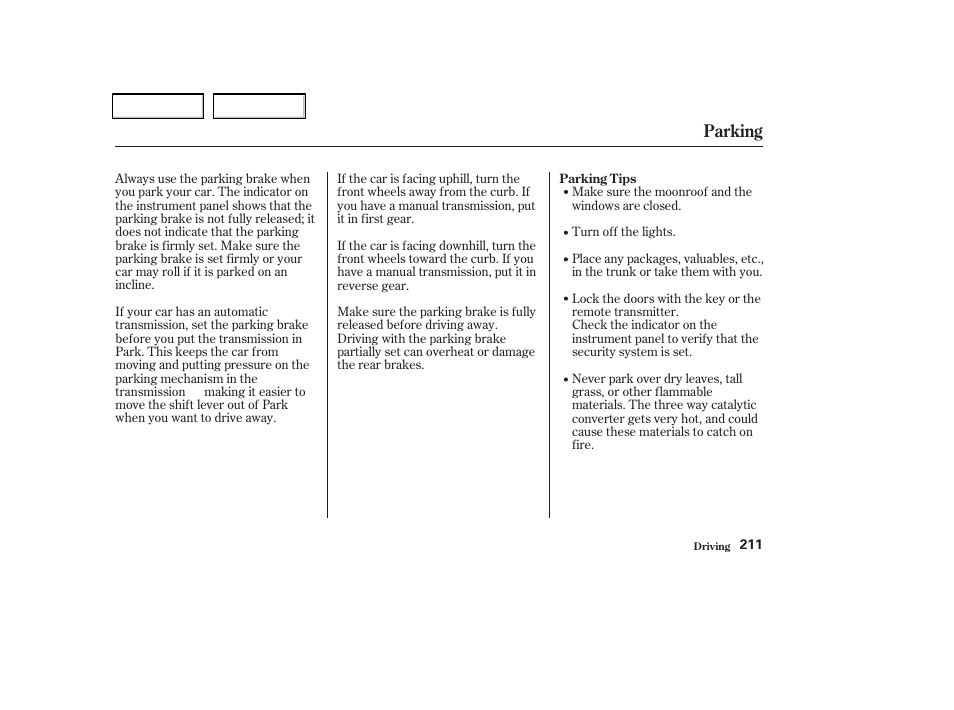 Parking | Acura 2004 TSX - Owner's Manual User Manual | Page 214 / 364