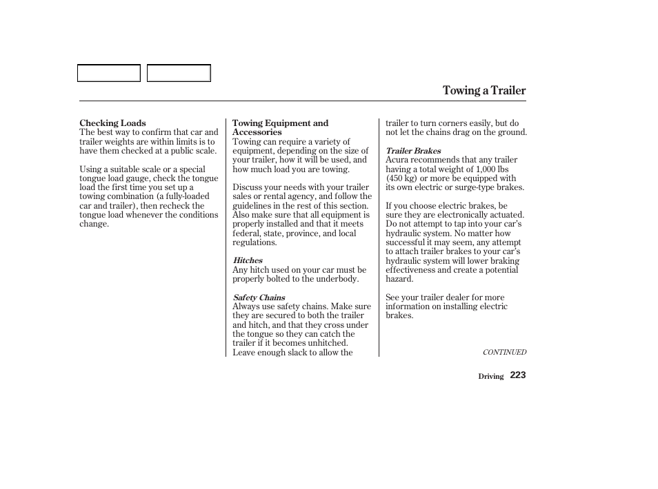 Towing a trailer | Acura 2004 TSX - Owner's Manual User Manual | Page 226 / 364