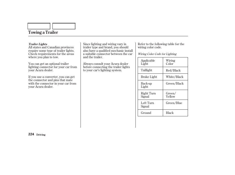 Towing a trailer | Acura 2004 TSX - Owner's Manual User Manual | Page 227 / 364