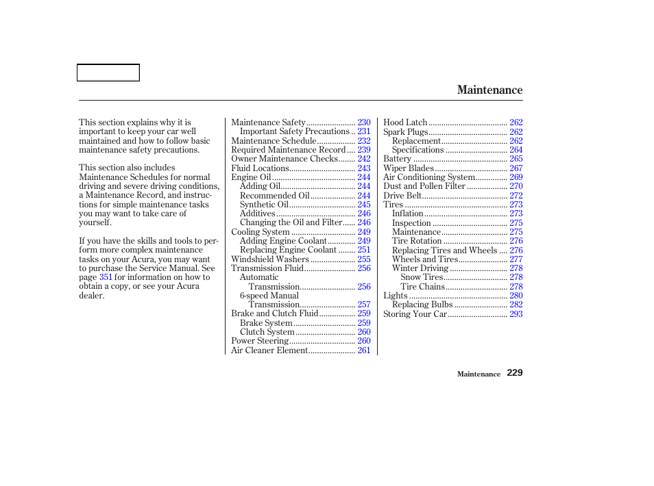 Maintenance | Acura 2004 TSX - Owner's Manual User Manual | Page 232 / 364