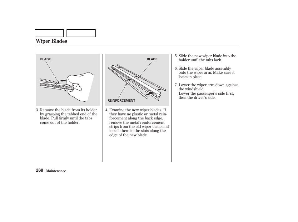 Wiper blades | Acura 2004 TSX - Owner's Manual User Manual | Page 271 / 364