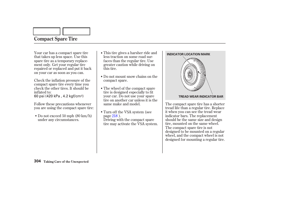 Compact spare tire | Acura 2004 TSX - Owner's Manual User Manual | Page 307 / 364