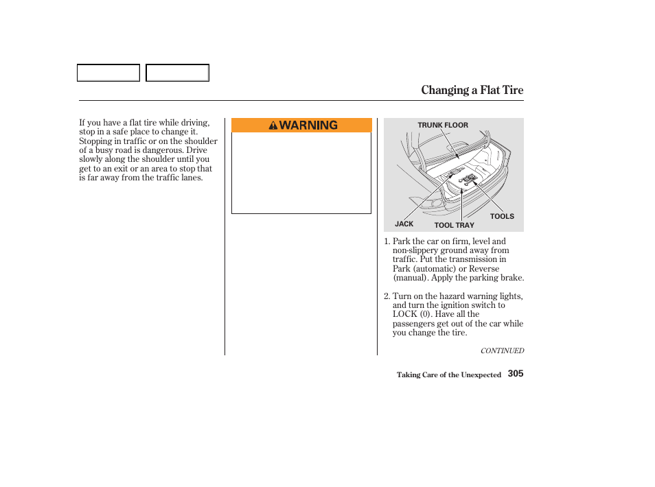 Changing a flat tire | Acura 2004 TSX - Owner's Manual User Manual | Page 308 / 364
