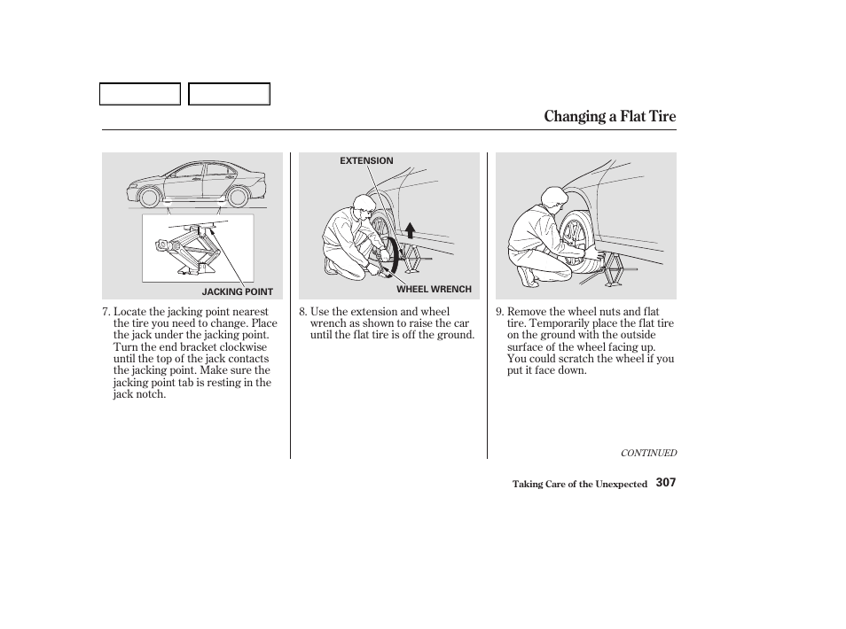 Changing a flat tire | Acura 2004 TSX - Owner's Manual User Manual | Page 310 / 364