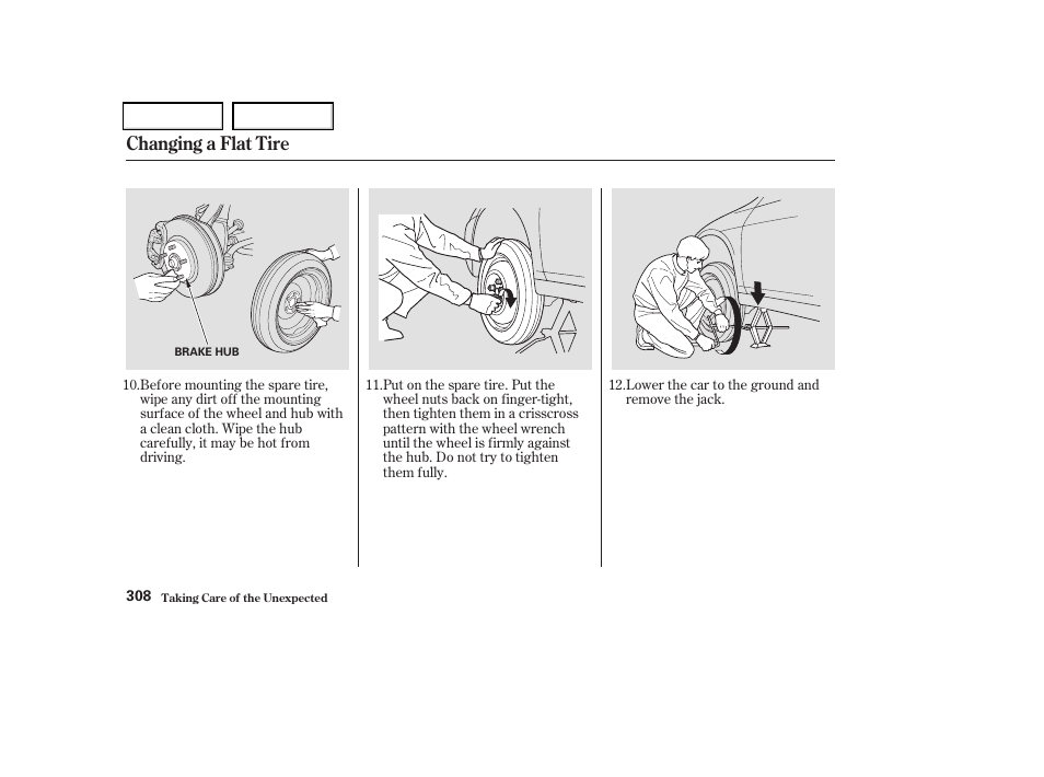 Changing a flat tire | Acura 2004 TSX - Owner's Manual User Manual | Page 311 / 364