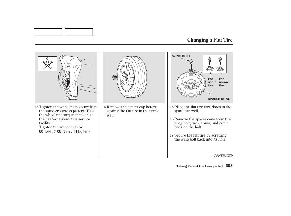 Changing a flat tire | Acura 2004 TSX - Owner's Manual User Manual | Page 312 / 364