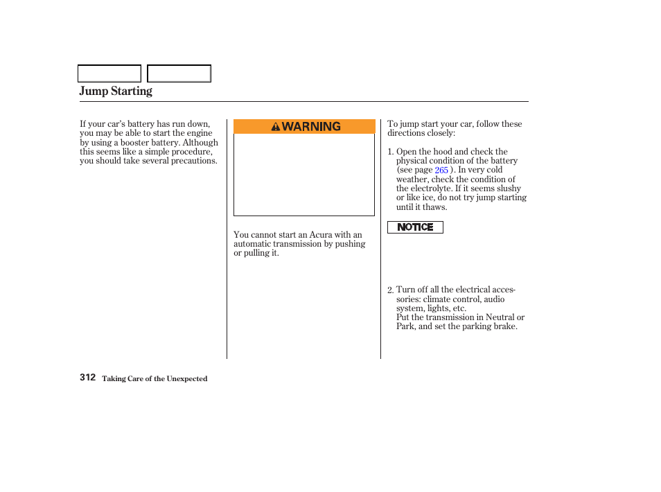 Jump starting | Acura 2004 TSX - Owner's Manual User Manual | Page 315 / 364