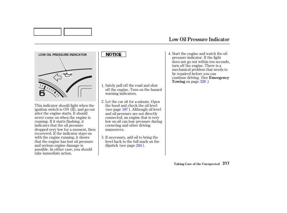 Low oil pressure indicator | Acura 2004 TSX - Owner's Manual User Manual | Page 320 / 364
