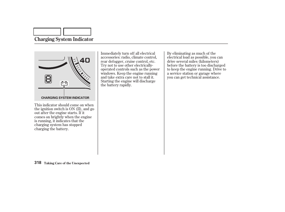 Charging system indicator | Acura 2004 TSX - Owner's Manual User Manual | Page 321 / 364
