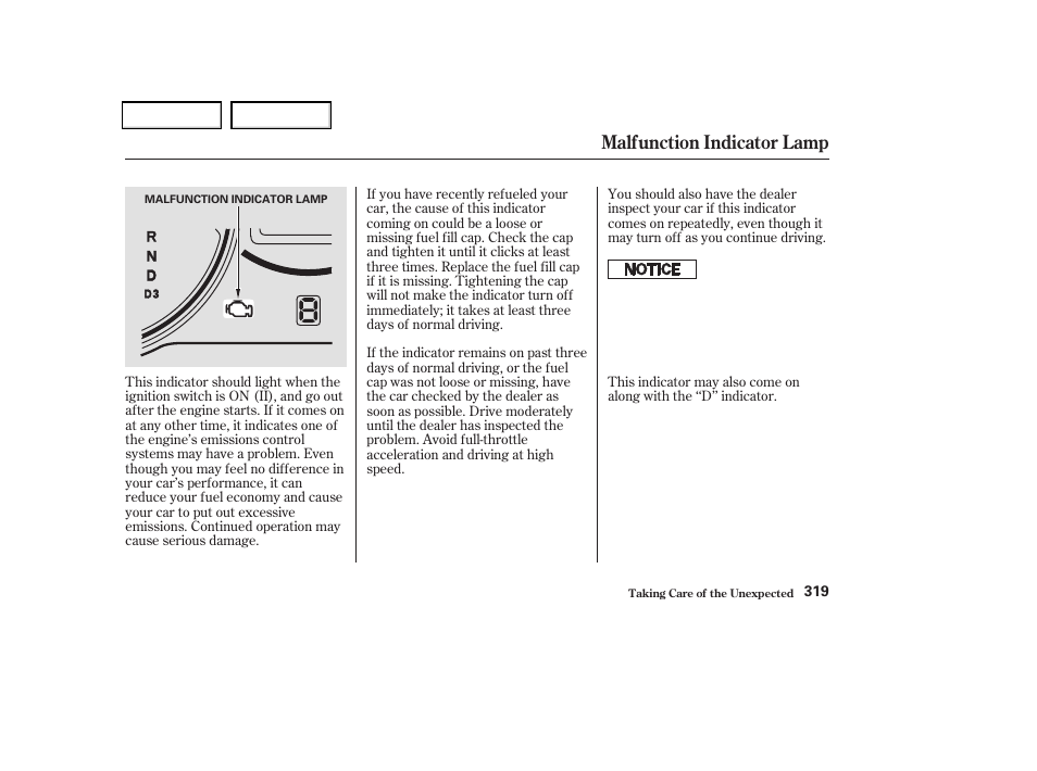 Malfunction indicator lamp | Acura 2004 TSX - Owner's Manual User Manual | Page 322 / 364