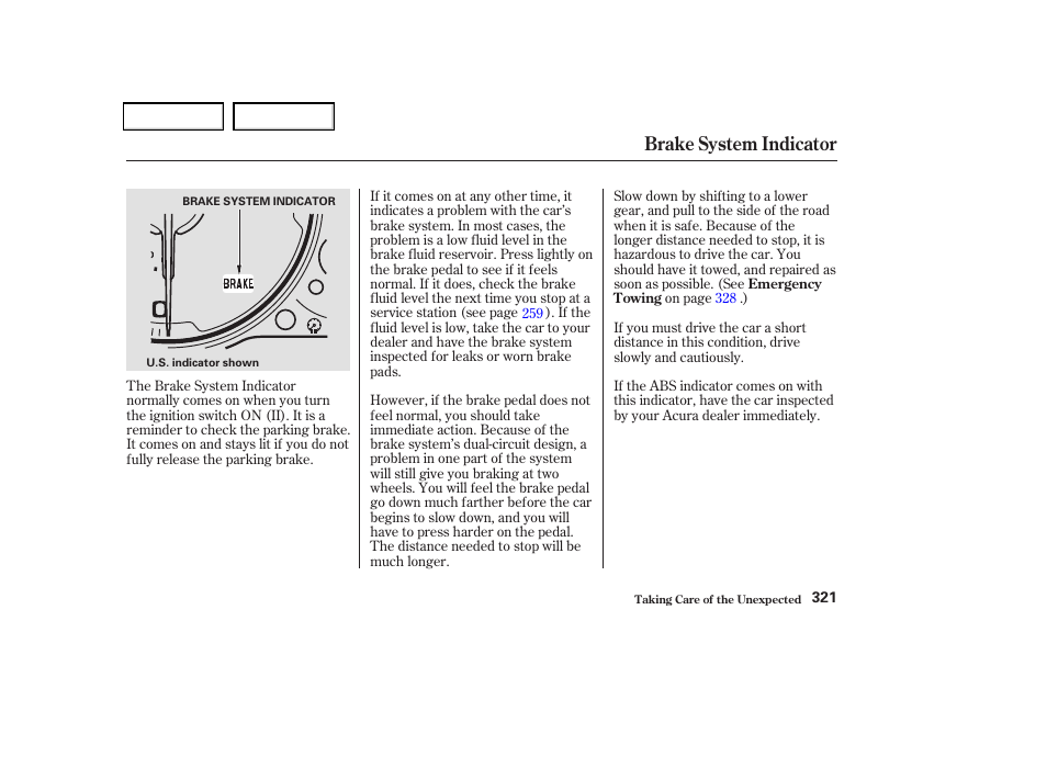 Brake system indicator | Acura 2004 TSX - Owner's Manual User Manual | Page 324 / 364