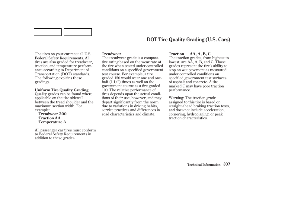 Dot tire quality grading (u.s. cars) | Acura 2004 TSX - Owner's Manual User Manual | Page 340 / 364