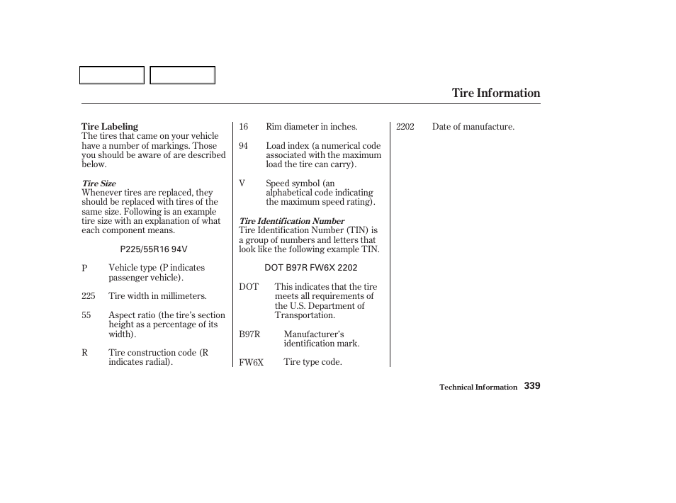Tire information | Acura 2004 TSX - Owner's Manual User Manual | Page 342 / 364