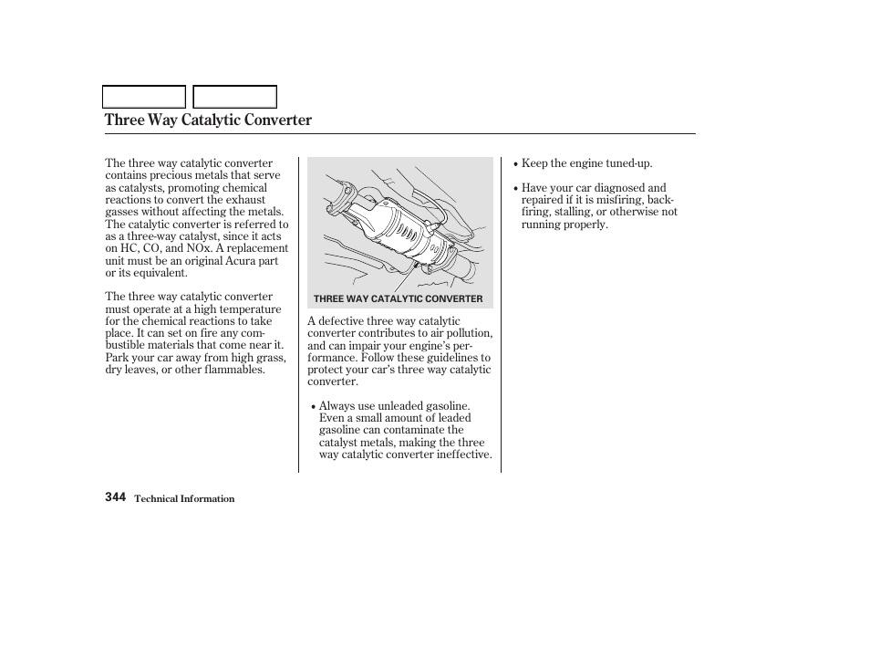 Three way catalytic converter | Acura 2004 TSX - Owner's Manual User Manual | Page 347 / 364