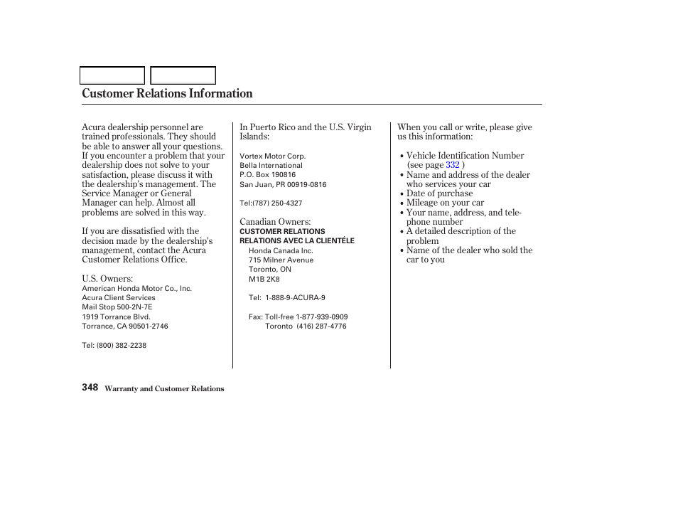 Customer relations information | Acura 2004 TSX - Owner's Manual User Manual | Page 351 / 364
