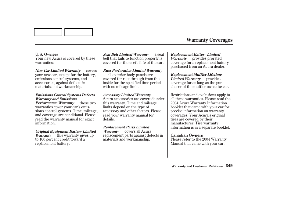 Warranty coverages | Acura 2004 TSX - Owner's Manual User Manual | Page 352 / 364
