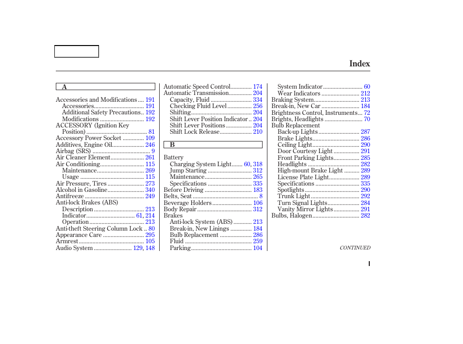 Index | Acura 2004 TSX - Owner's Manual User Manual | Page 356 / 364