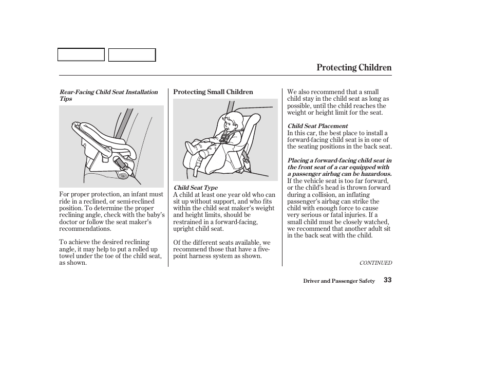 Protecting children | Acura 2004 TSX - Owner's Manual User Manual | Page 36 / 364