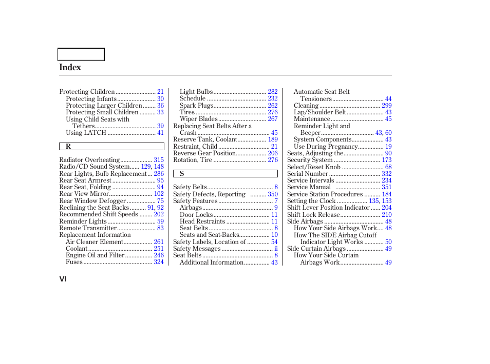 Index | Acura 2004 TSX - Owner's Manual User Manual | Page 361 / 364