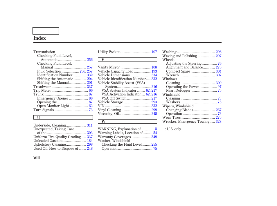 Index | Acura 2004 TSX - Owner's Manual User Manual | Page 363 / 364